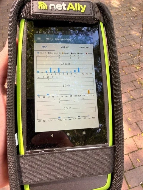 Wi-Fi channel map displayed on professional NetAlly survey equipment